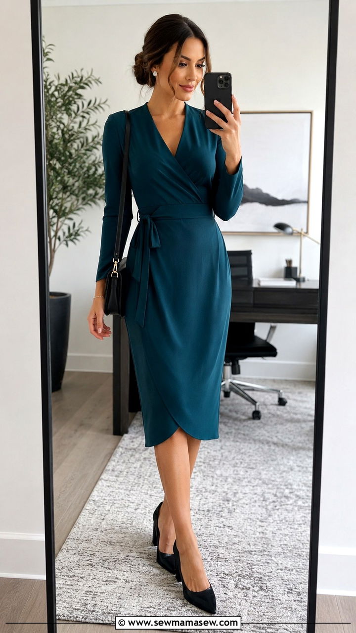 Wrap Dress with Block Heel Pumps - 25 Monday work outfit ideas