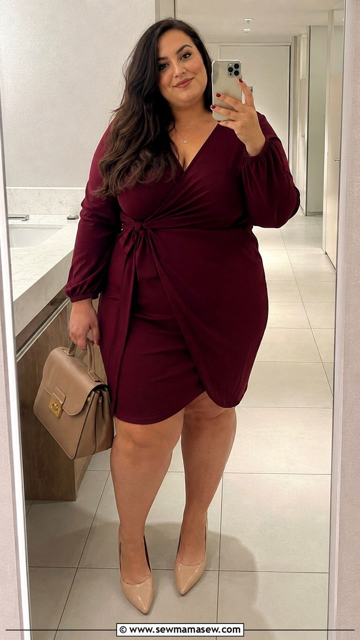 Wrap Dress with Block Heel Pumps - 30 Plus size corporate outfit ideas