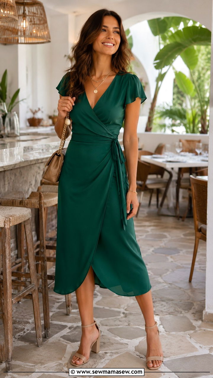 Wrap Dress with Block Heel Sandals - 25 Outfit ideas for pear shape 2026