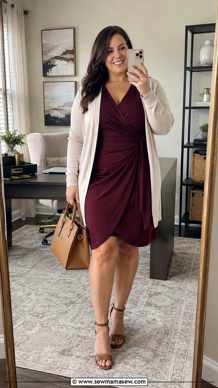 Wrap Dress with Block Heels Outfit - 30 plus size office outfit ideas