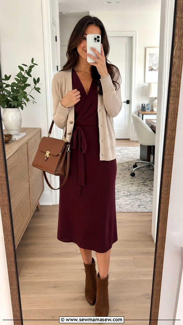 Wrap Dress with Cardigan and Ankle Boots - 30 Transitional dress outfit ideas