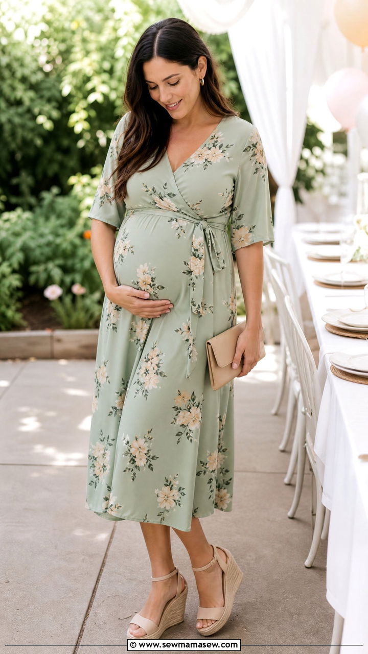 Wrap Dress with Elbow Sleeves - 25 modest baby shower outfit ideas