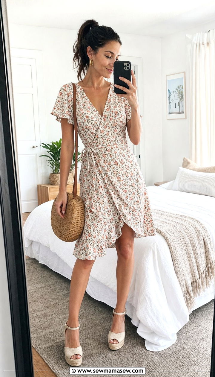 Wrap Dress with Espadrille Wedges - 25 Summer outfits for skinny women