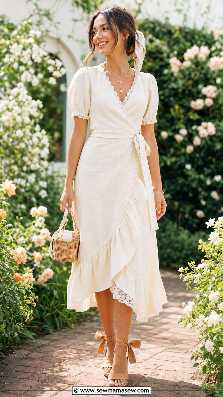 Wrap Dress with Lace Trim and Ribbon Sandals - 25 cottagecore capsule wardrobe outfits