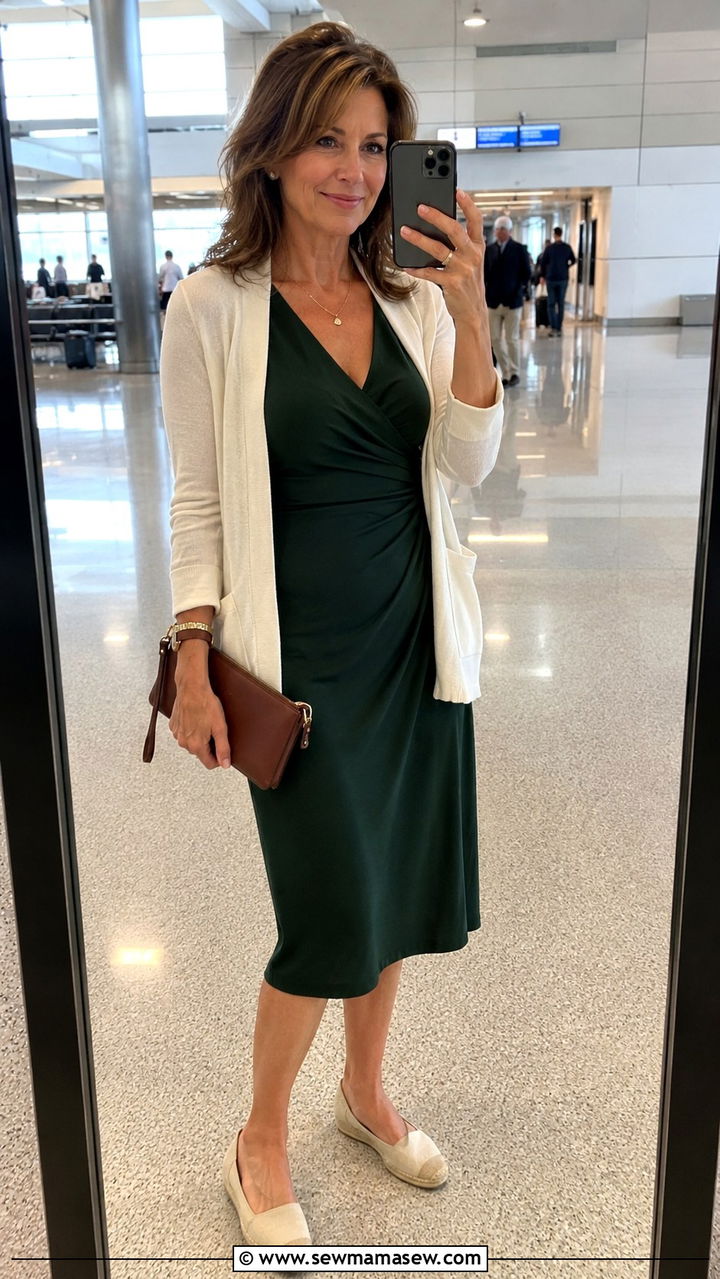 Wrap Dress with Lightweight Cardigan Plane Outfit - 25 What to wear on a plane over 40