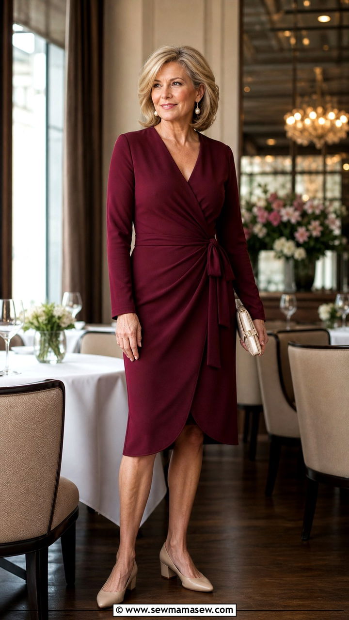 Wrap Dress with Low Block Heels - 40 Outfit ideas for women over 50