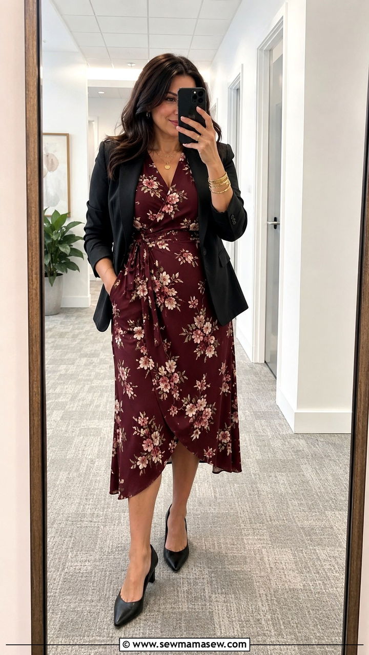Wrap Dress with Low Heels and a Structured Blazer - 20 work outfits for women with tummy