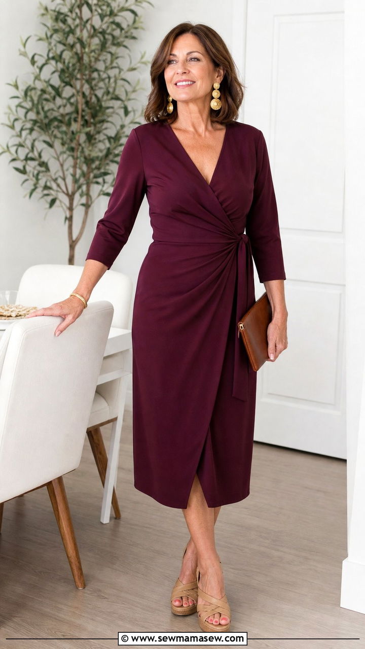 Wrap Dress with Low Wedges and Statement Earrings - 25 Family reunion outfit ideas for women over 50