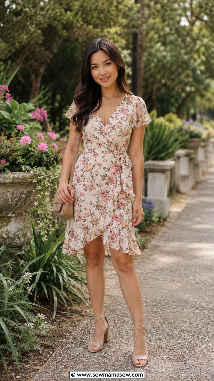 Wrap Dress with Nude Block Heels - 25 Petite outfit ideas with pear shape