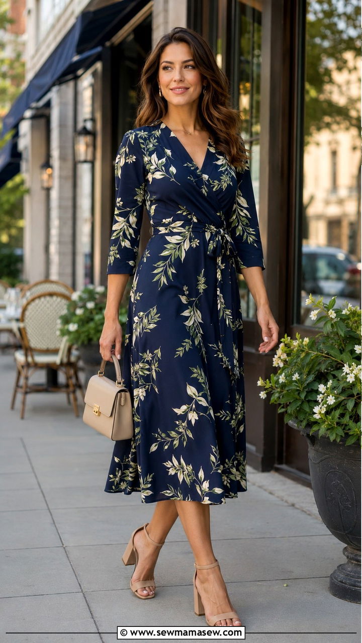 Wrap Dress with Three Quarter Sleeves - 30 spring outfits for modest women
