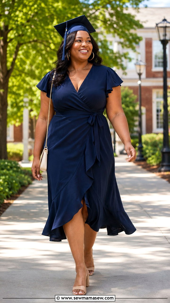 Wrap Dress with Tie Waist and Flutter Sleeves - 30 Plus size outfit ideas for graduation