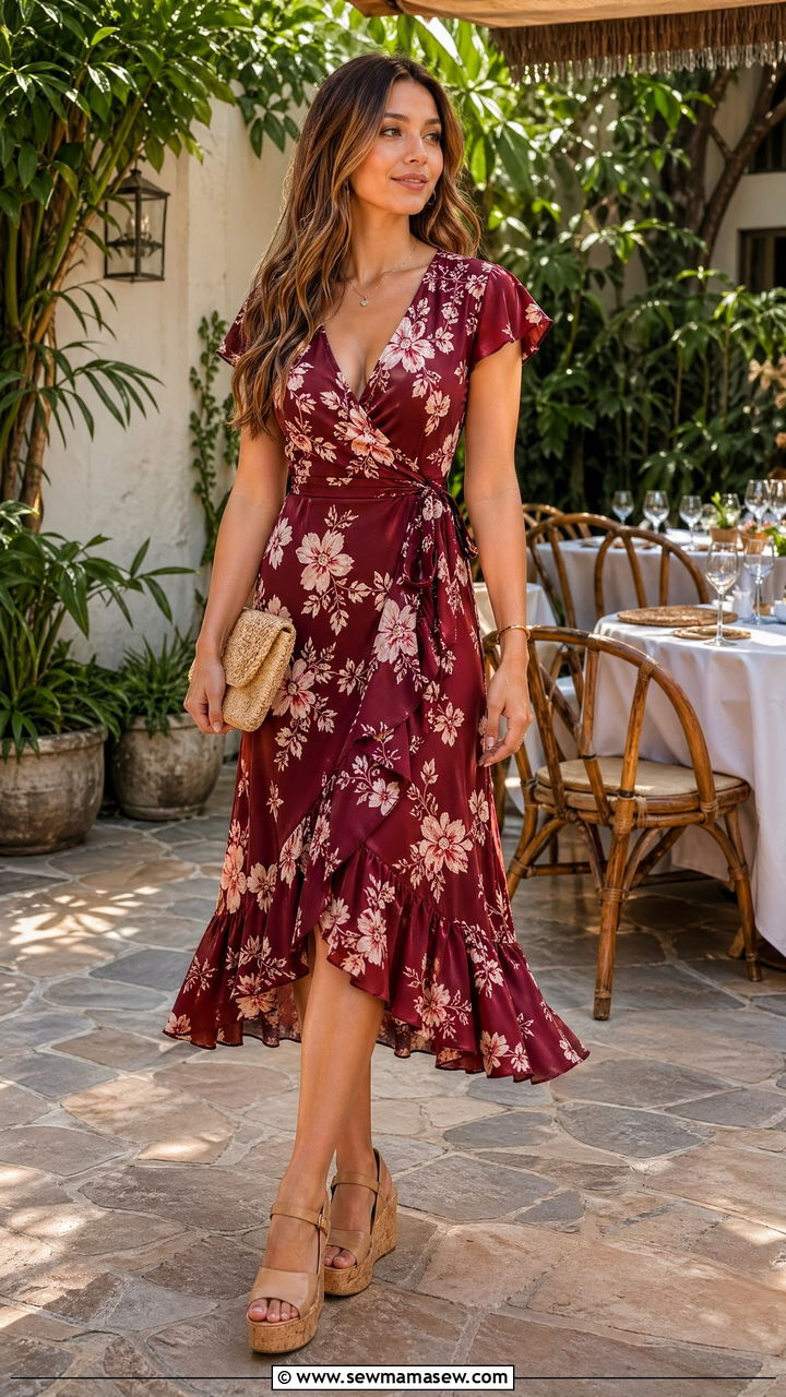 Wrap Dress with Wedge Sandals - 35 dinner outfit ideas for women