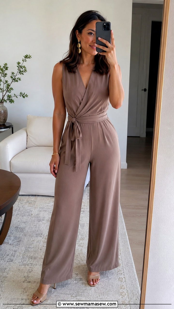 Wrap Jumpsuit With Heeled Mules - 25 Outfit ideas for apple shape summer