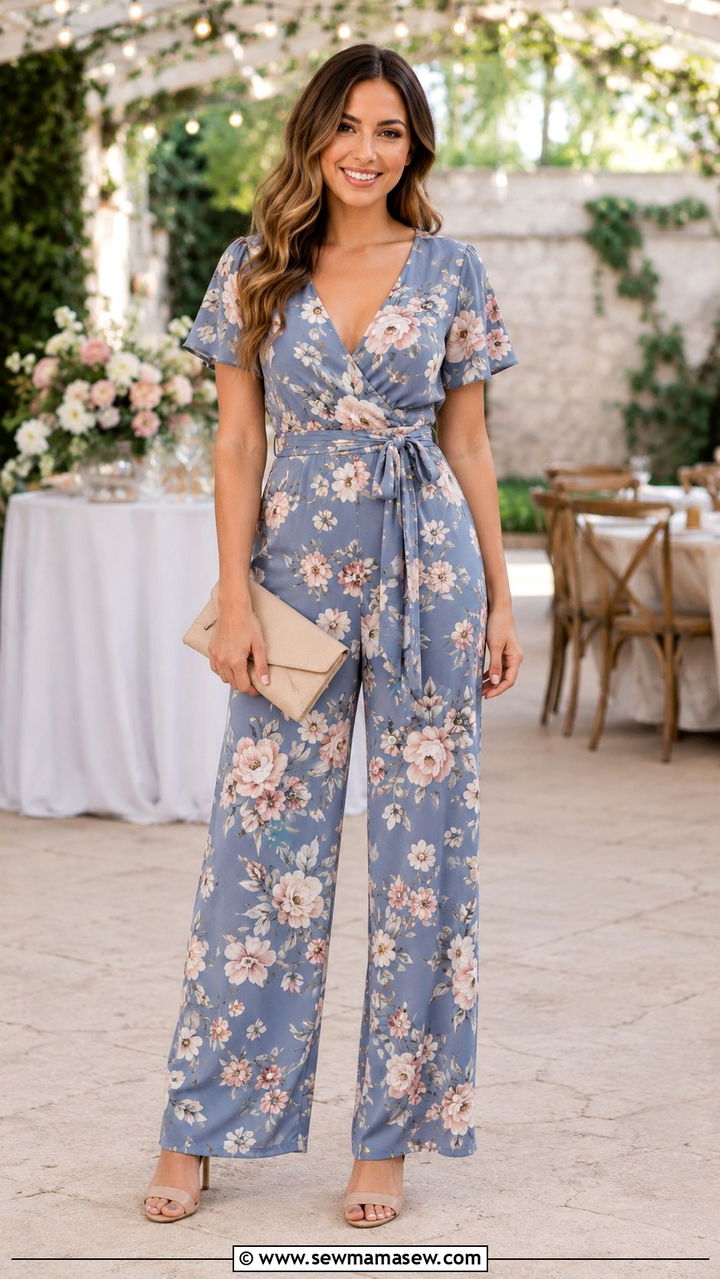 Wrap Jumpsuit with Open Toe Heels - 30 cute spring wedding guest outfits