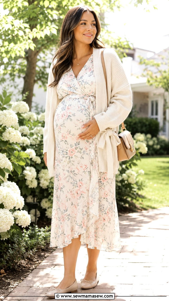 Wrap Maternity Dress With Belted Cardigan - 20 Maternity outfit ideas spring 2026