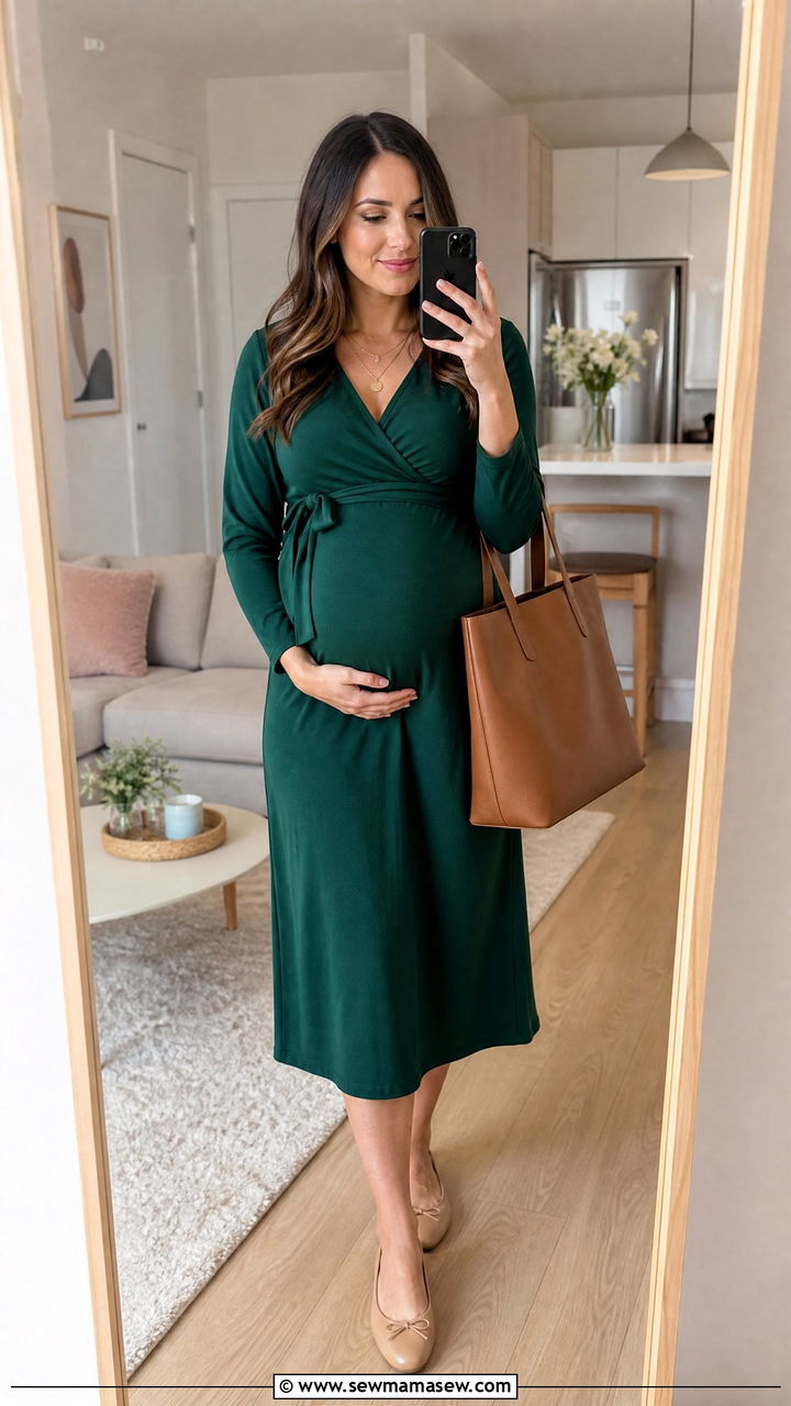 Wrap Maternity Dress with Ballet Flats - 30 Maternity work outfit ideas