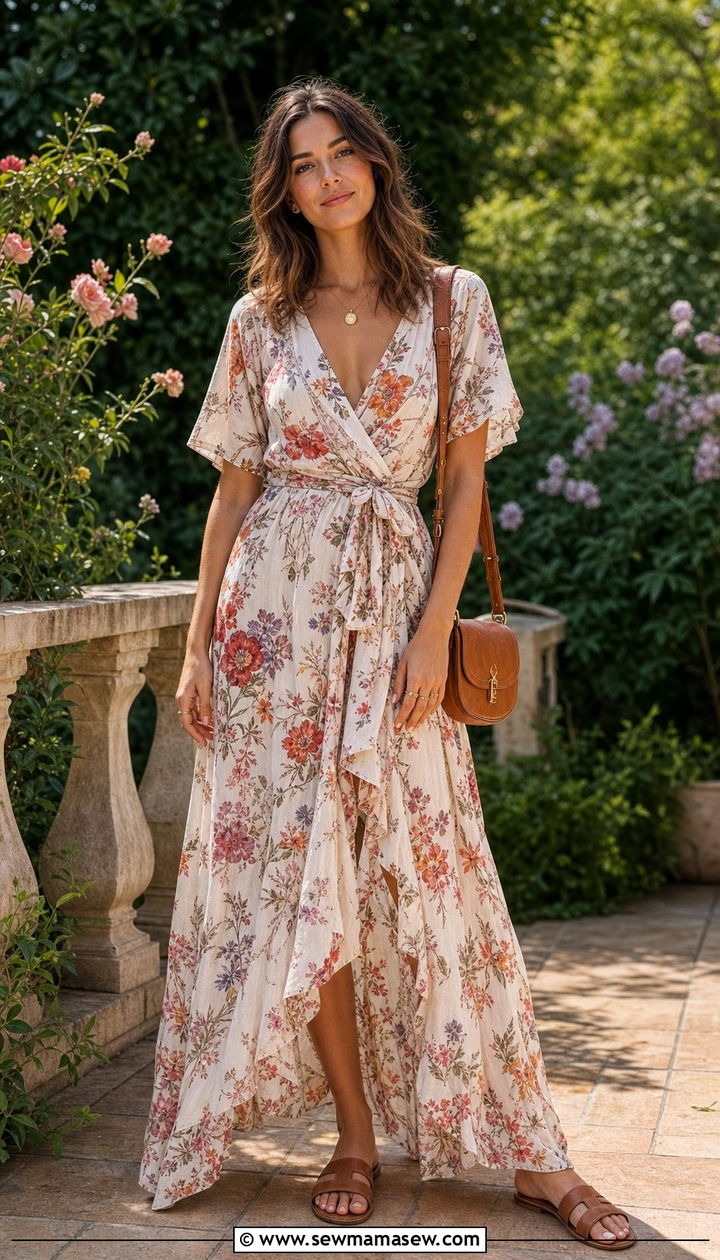 Wrap Maxi Dress And Flat Sandals - 35 boho outfit ideas for women