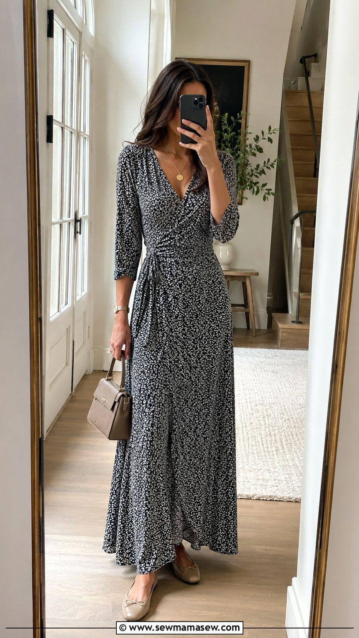 Wrap Maxi Dress With Flats - 30 Modest outfit ideas with maxi dress