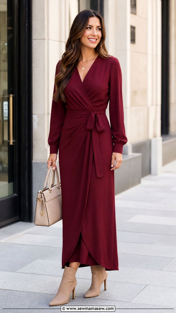 Wrap Maxi Dress With Heeled Ankle Boots - 30 Maxi dress outfit ideas with boots
