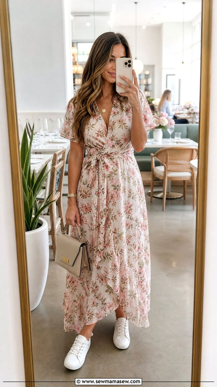 Wrap Maxi Dress With Minimal White Sneakers - 30 Maxi dress outfit ideas with sneakers