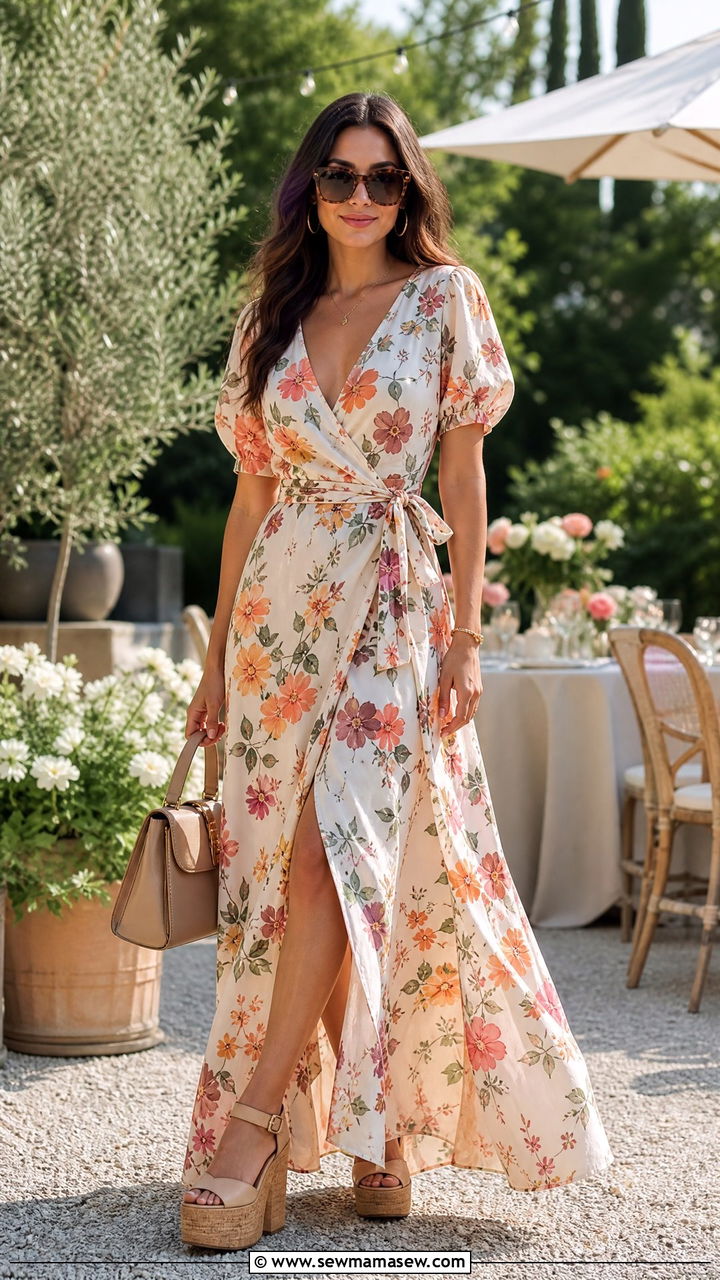 Wrap Maxi Dress With Platform Sandals - 30 Maxi dress outfit ideas with sandals