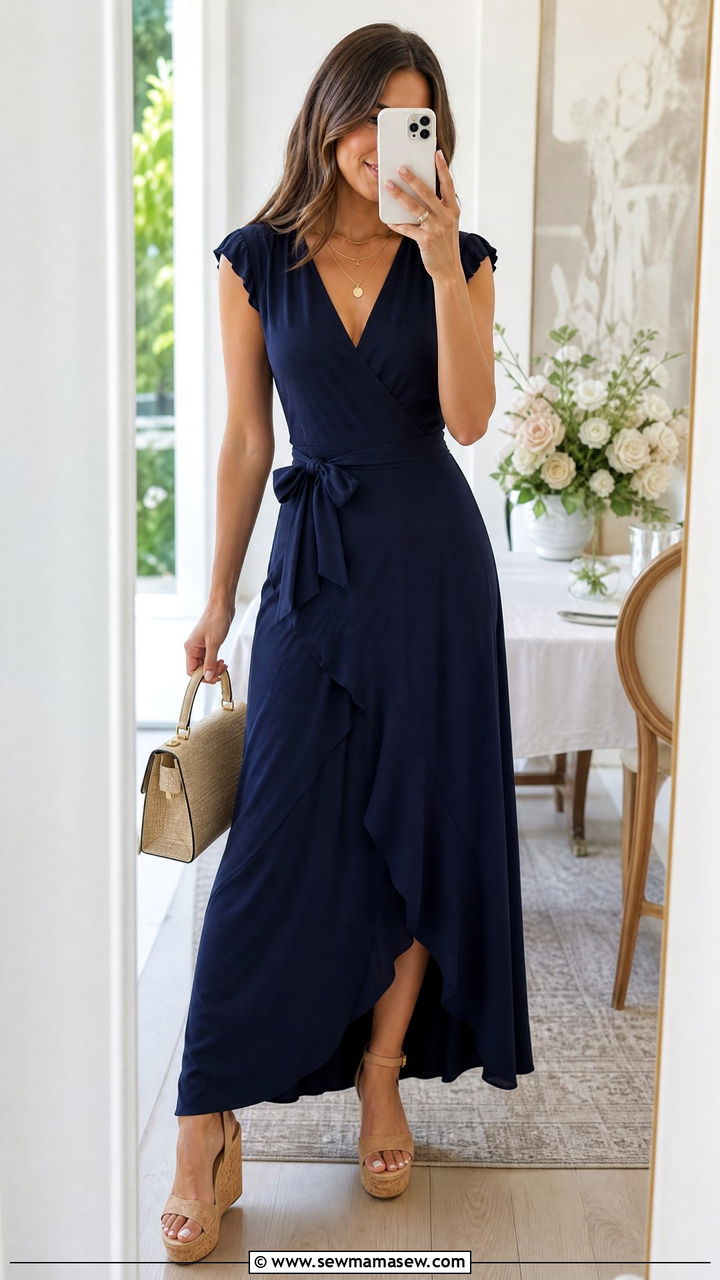 Wrap Maxi Dress With Self Tie Belt And Wedges - 30 Maxi dress with a belt outfit ideas