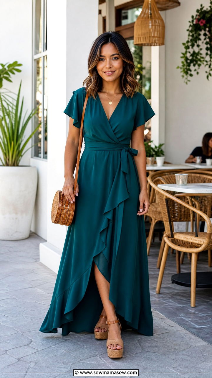 Wrap Maxi Dress With Wedge Sandals - 25 Maxi dress for petite outfit ideas