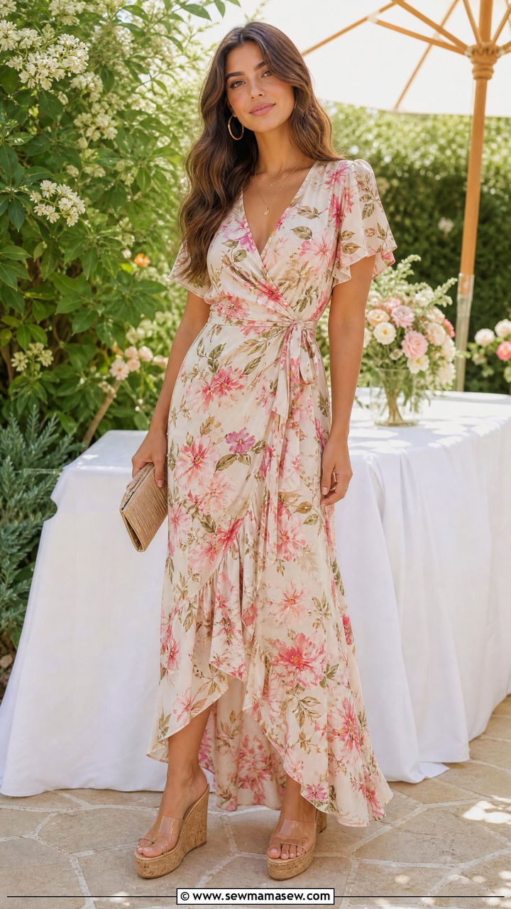 Wrap Maxi Dress With Wedge Sandals - 35 how to style maxi dress
