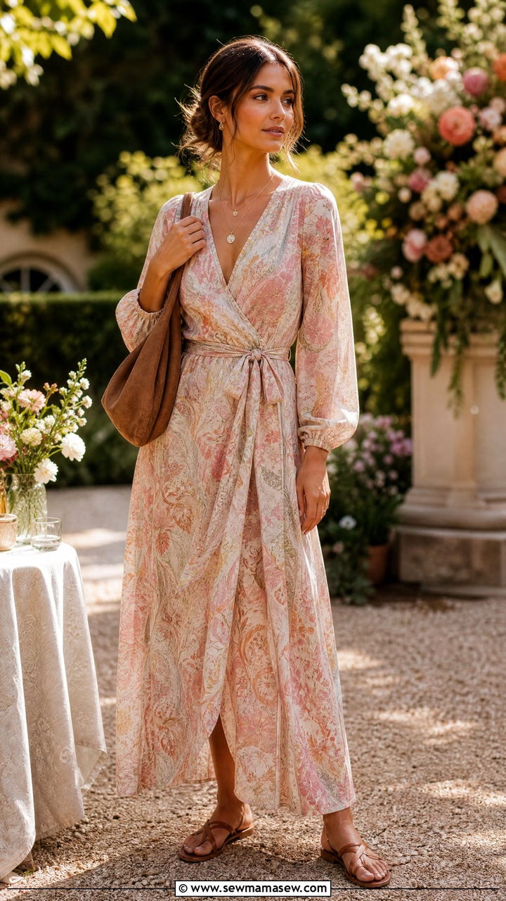 Wrap Maxi Dress with Self Tie Belt and Strappy Sandals - 30 Maxi dress outfit ideas with a belt