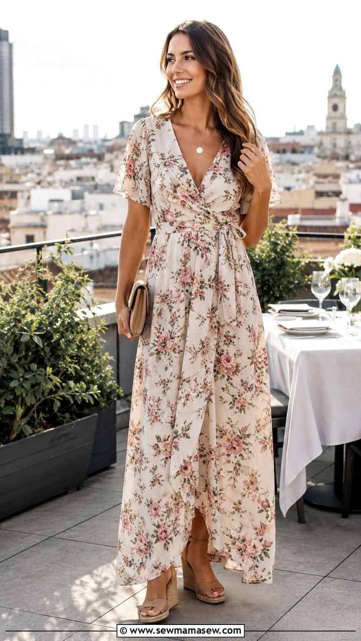 Wrap Maxi Dress with Wedge Sandals - 30 spring maxi dress outfit ideas