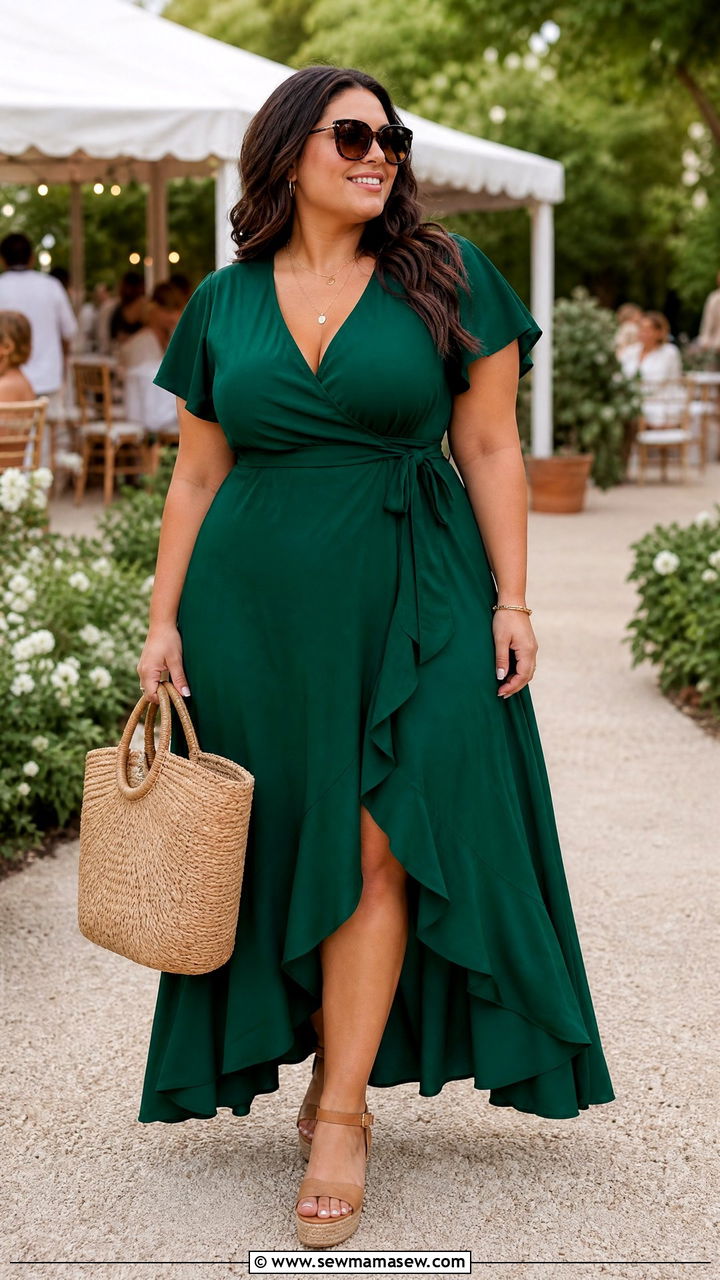 Wrap Maxi Dress with Wedge Sandals and Woven Tote - 25 Maxi dress for plus size outfit ideas