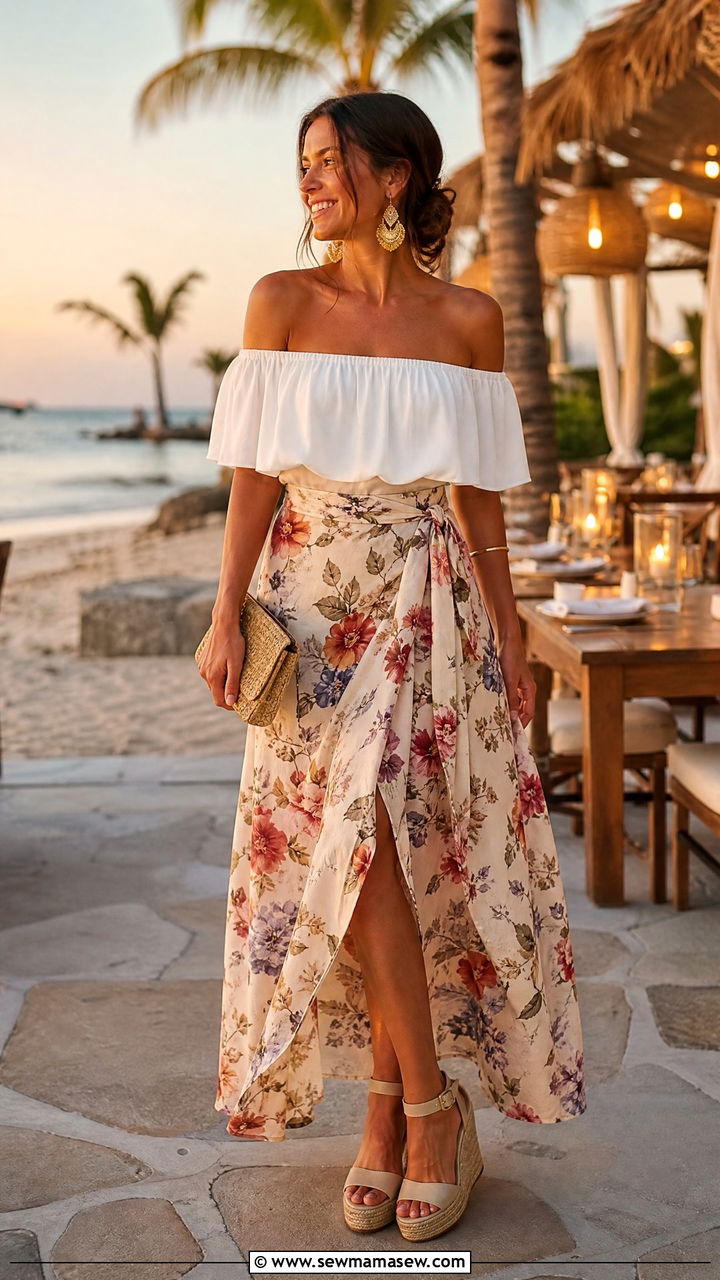 Wrap Maxi Skirt With Off Shoulder Top And Espadrilles - 35 maxi skirt outfits aesthetic