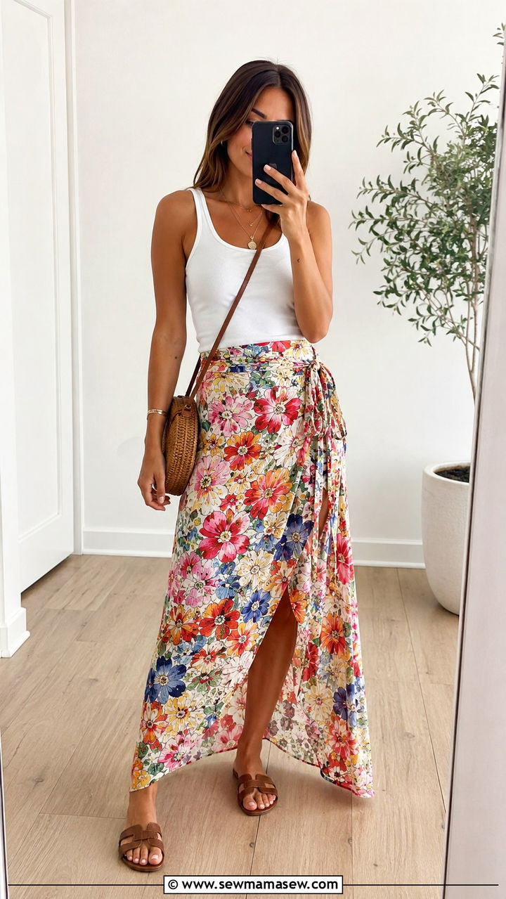 Wrap Maxi Skirt With Tank And Flat Sandals - 30 Maxi skirt outfit ideas for summer