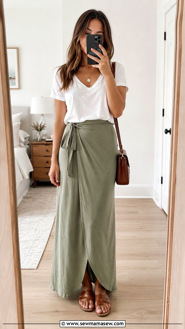 Wrap Maxi Skirt with V Neck Tee - 30 Maxi skirt outfit ideas with a tee