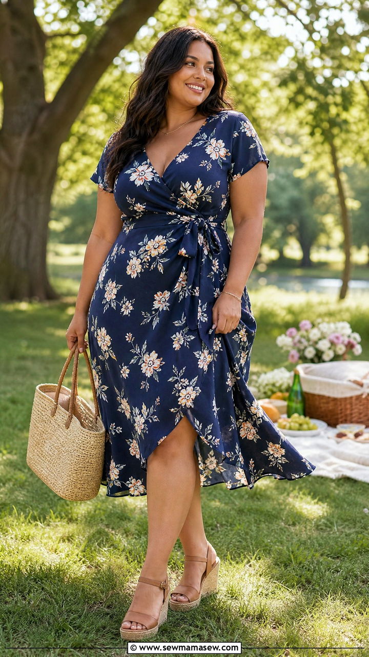 Wrap Midi Dress Outfit with Wedge Espadrilles and a Straw Tote - 25 Flattering outfits for big thighs