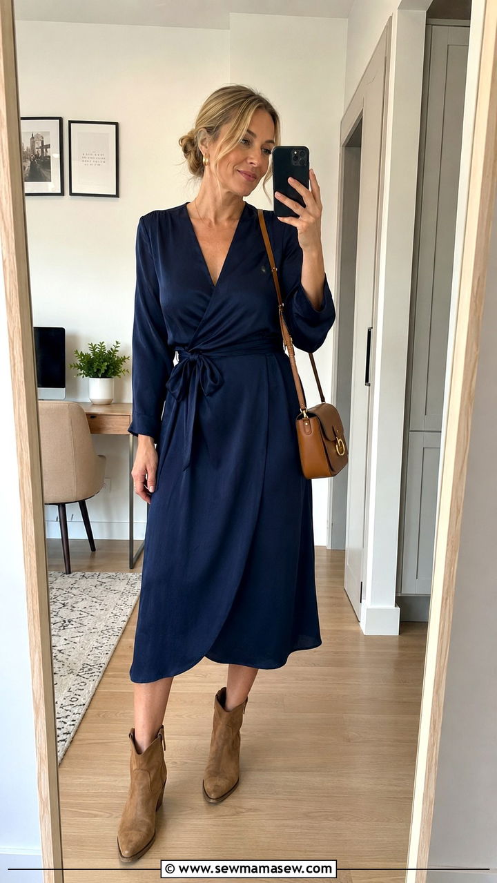 Wrap Midi Dress With Cowboy Boots - 30 Midi dress with cowboy boots outfit ideas