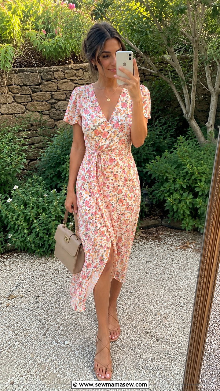 Wrap Midi Dress With Strappy Sandals - 30 Petite summer dresses outfit ideas