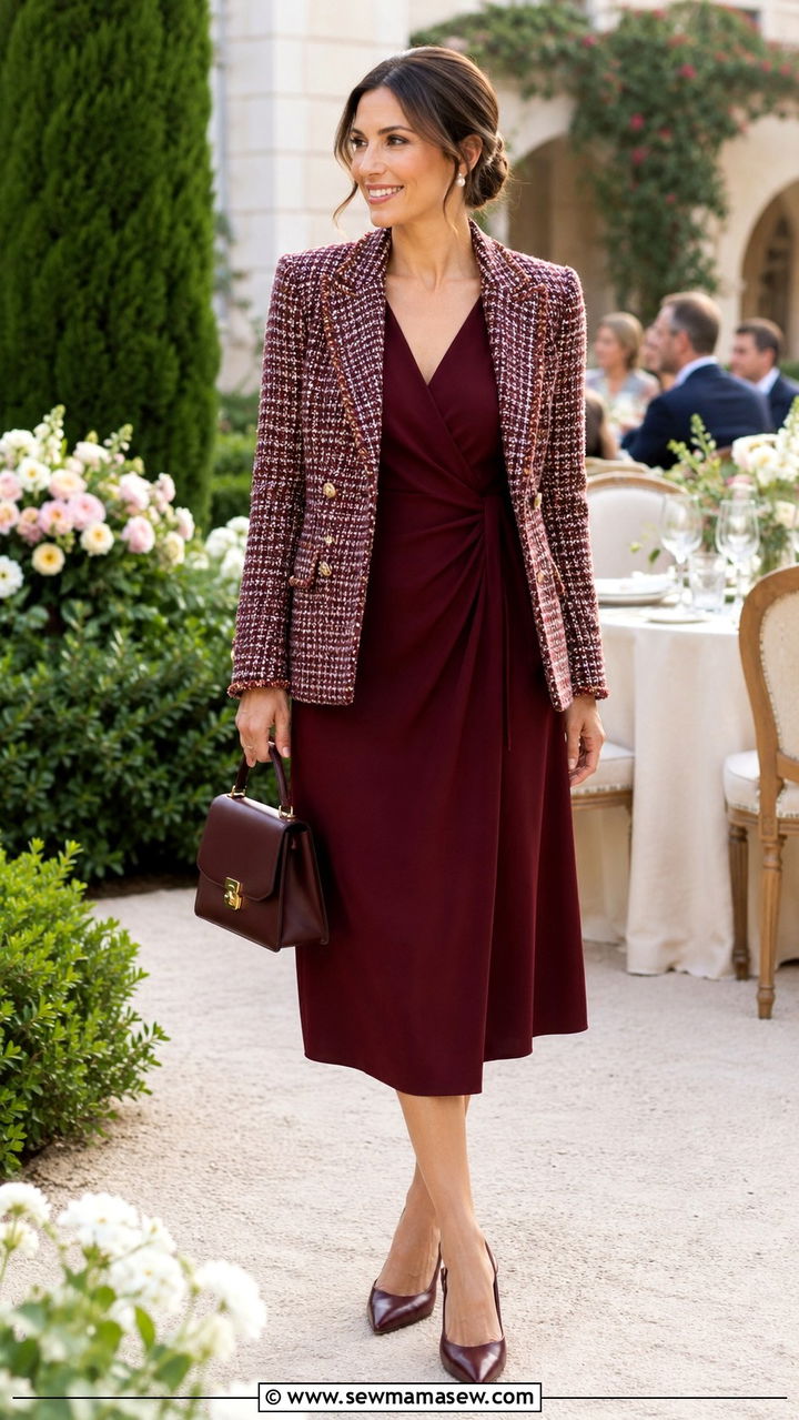 Wrap Midi Dress With Tweed Blazer - 30 Midi dress outfit ideas with a blazer