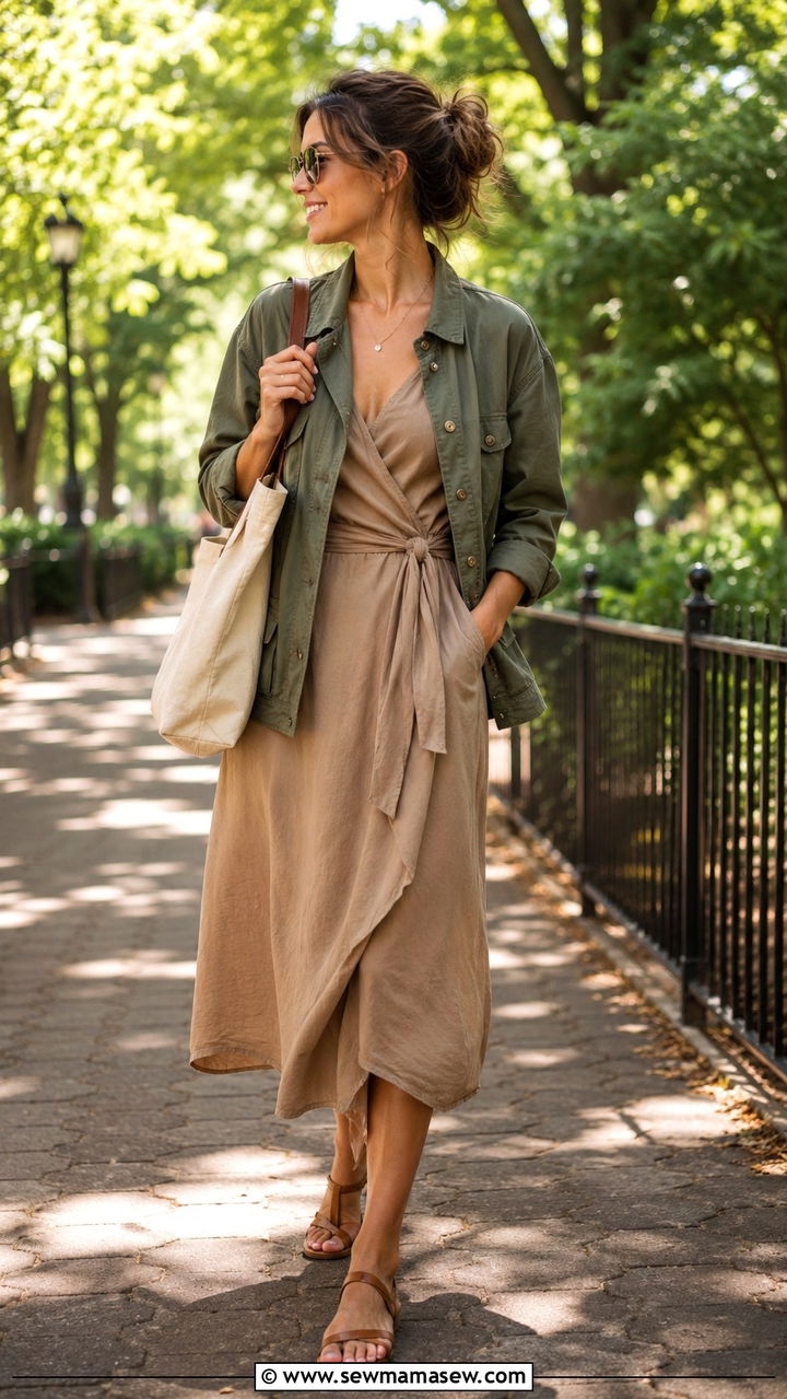Wrap Midi Dress With Utility Jacket and Flat Sandals - 30 Midi dress outfit ideas with a jacket