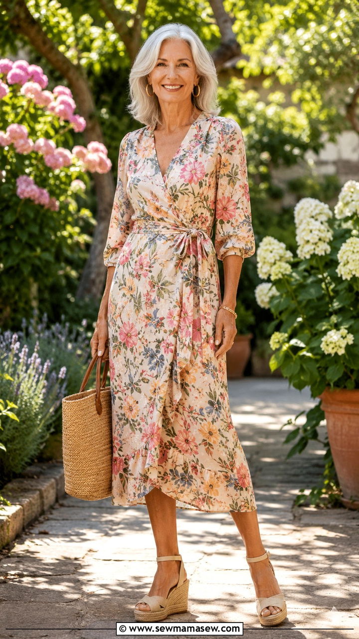Wrap Midi Dress With Wedge Espadrilles - 30 Tall outfits for women over 60