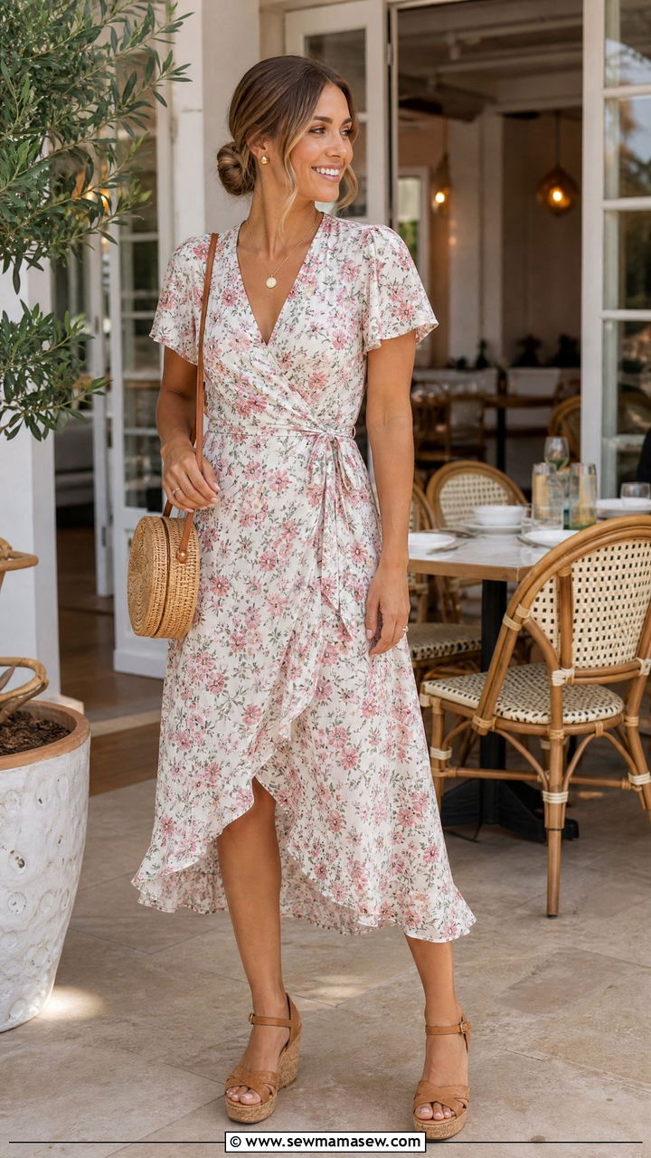 Wrap Midi Dress With Wedge Sandals - 40 vacation outfits for women