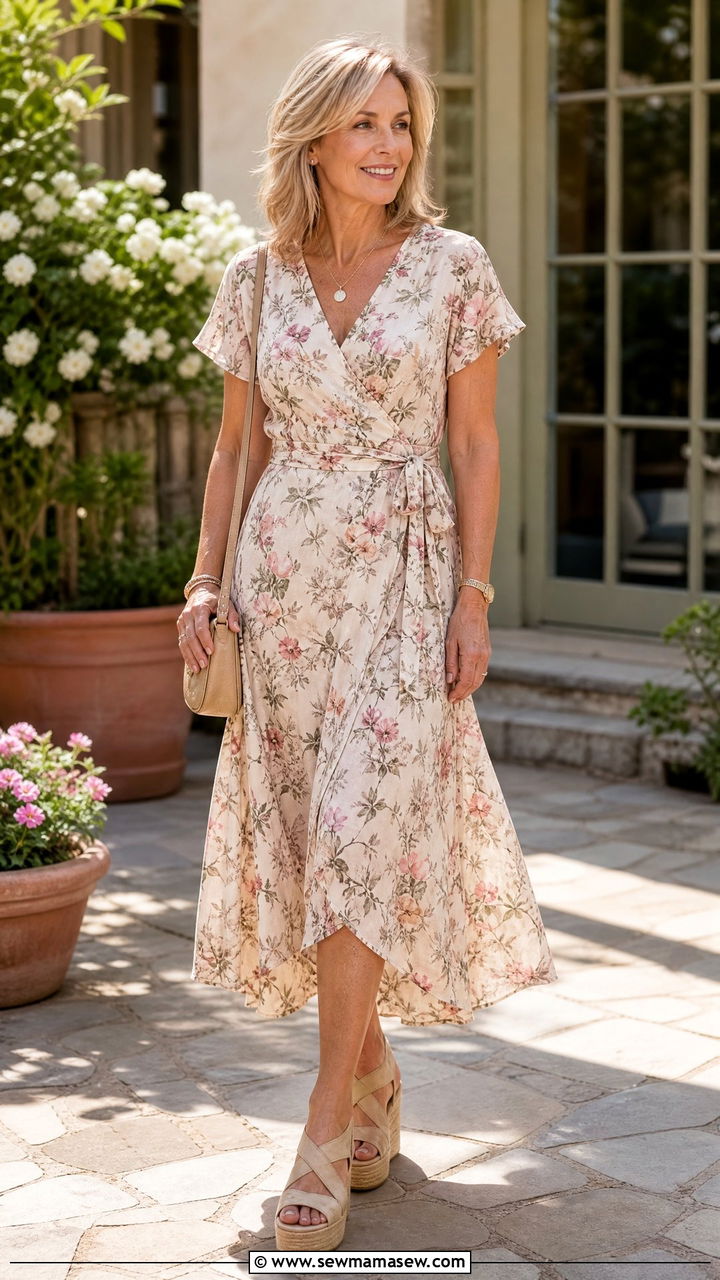 Wrap Midi Dress With Wedge Sandals - 25 Outfit ideas for women over 50 weekend