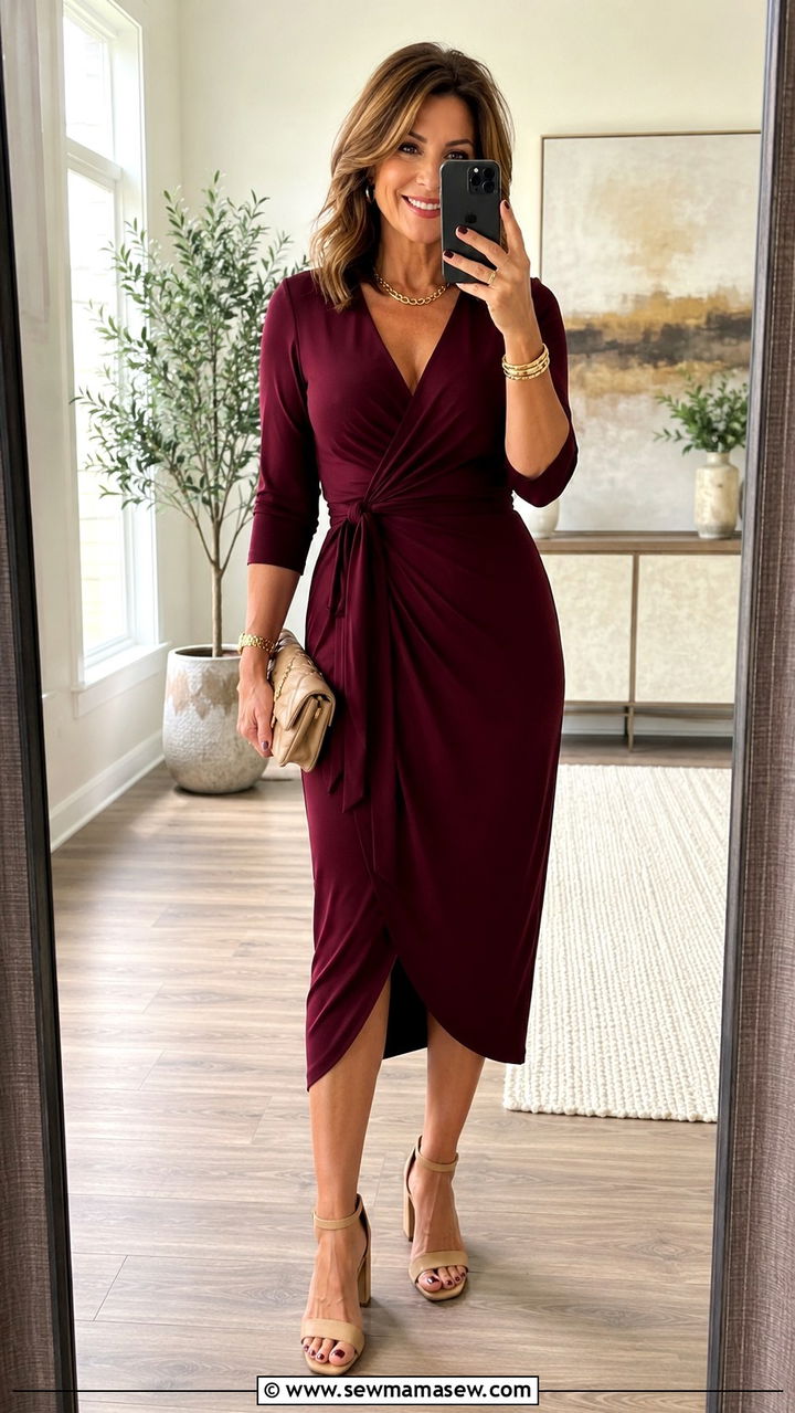 Wrap Midi Dress with Block Heel Sandals - 25 Midlife outfit ideas
