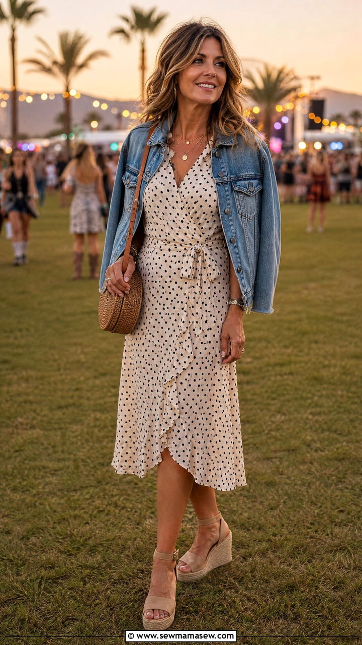 Wrap Midi Dress with Denim Jacket and Espadrille Wedges Festival Look - 30 music festival outfits for women over 40