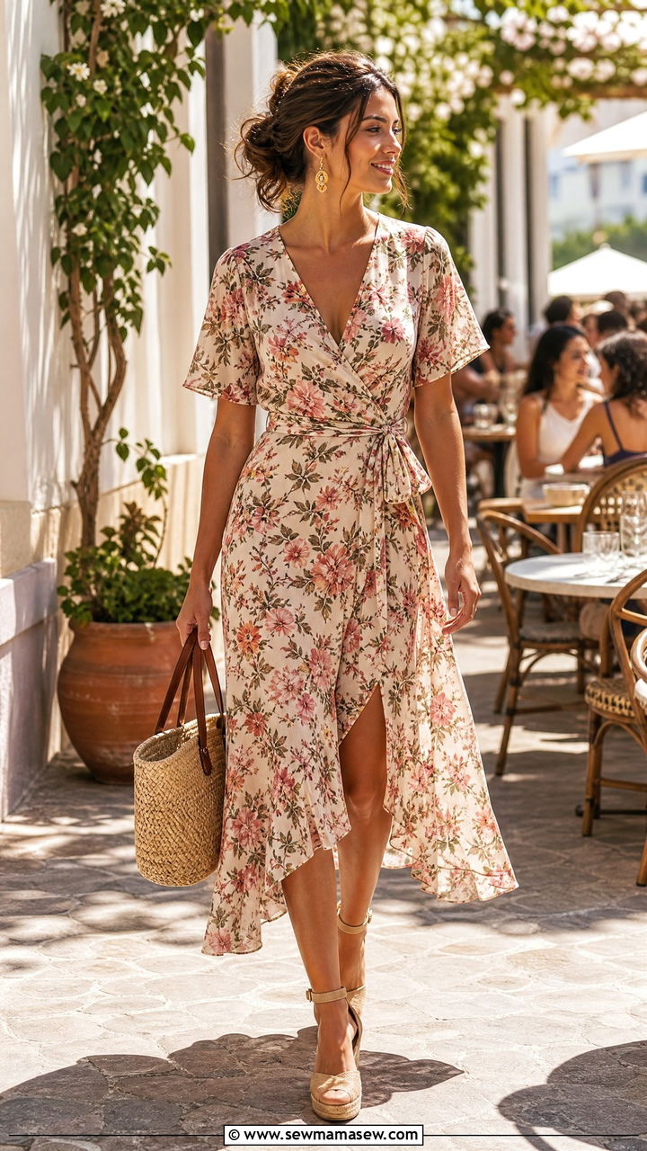 Wrap Midi Dress with Espadrille Wedges - 25 Brunch outfit ideas with a midi dress