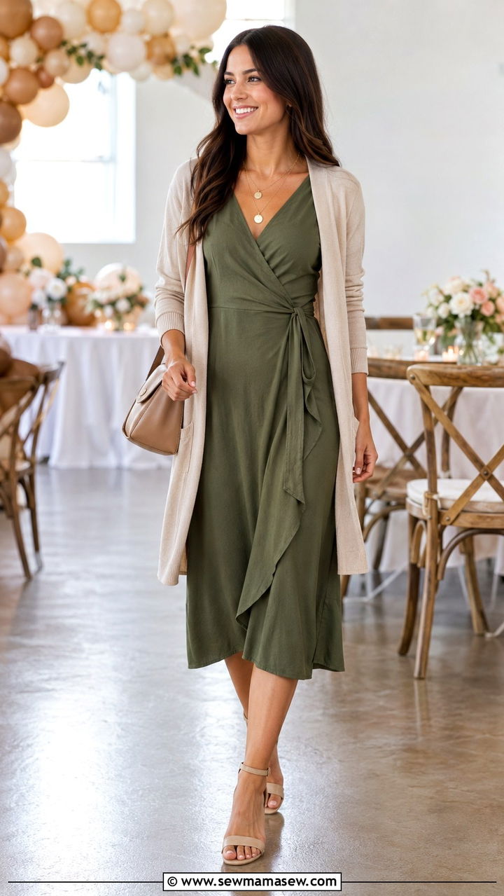Wrap Midi Dress with Open Front Cardigan - 30 Midi dress with cardigan outfit ideas