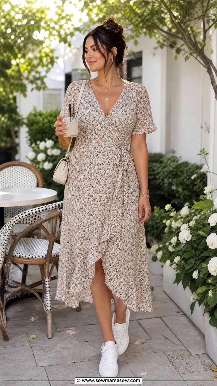 Wrap Midi Dress with Sneakers Postpartum Outfit - 25 casual outfits for postpartum women