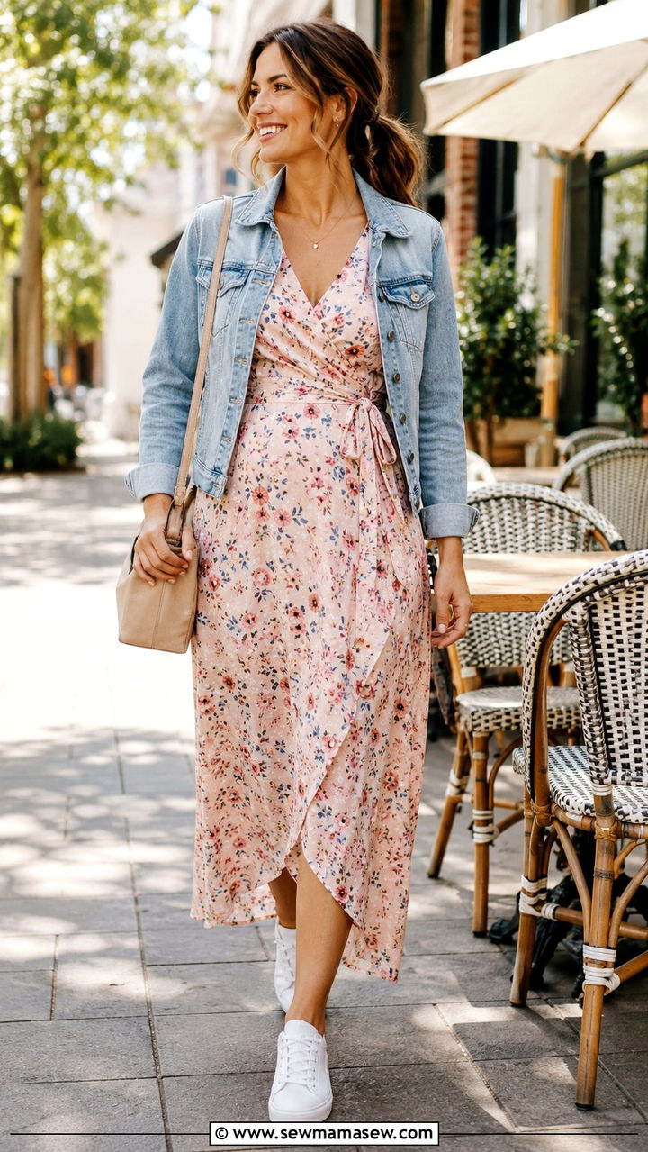 Wrap Midi Dress with Sneakers and Denim Jacket - 25 Postpartum outfit ideas 2026