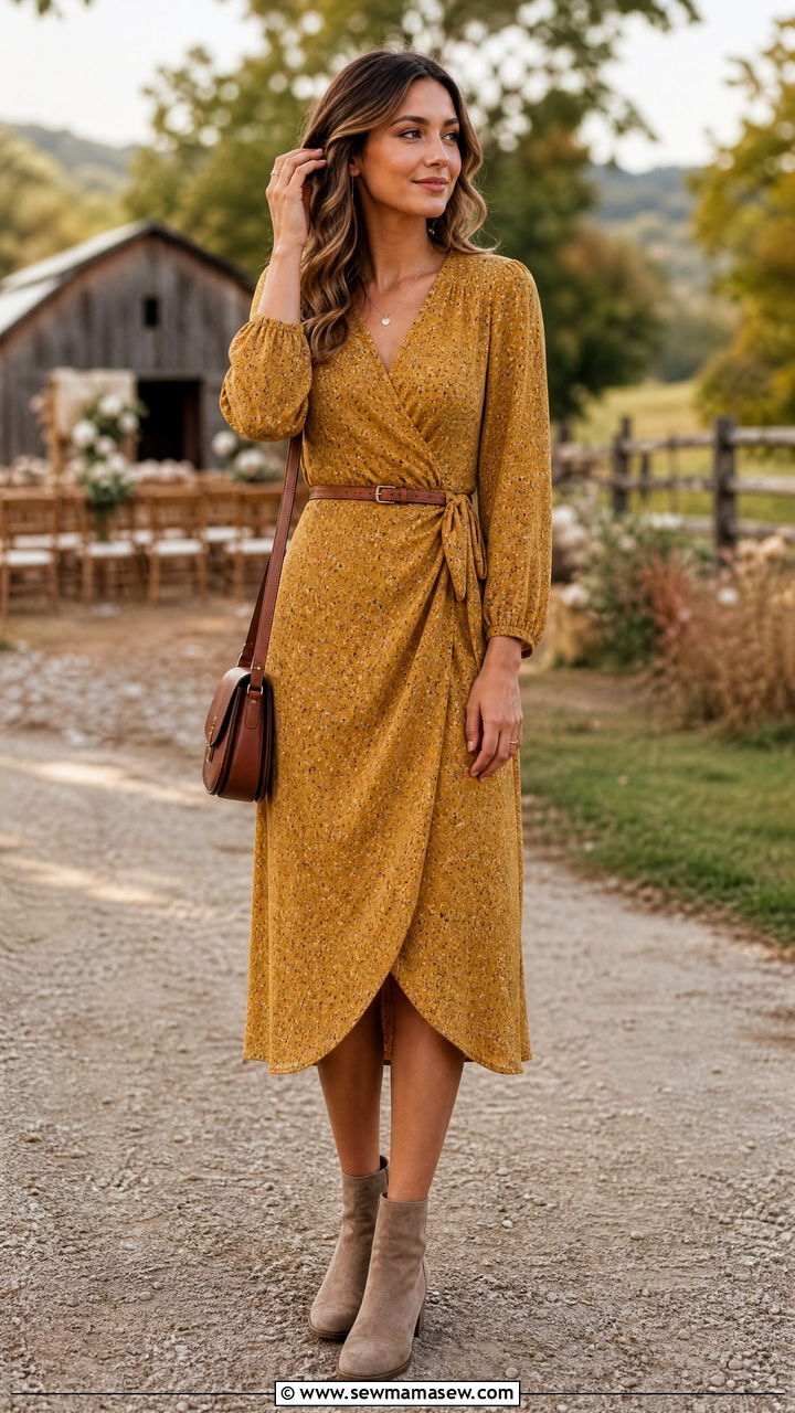 Wrap Midi Dress with Suede Booties and a Leather Belt - 25 Farm wedding guest outfit ideas