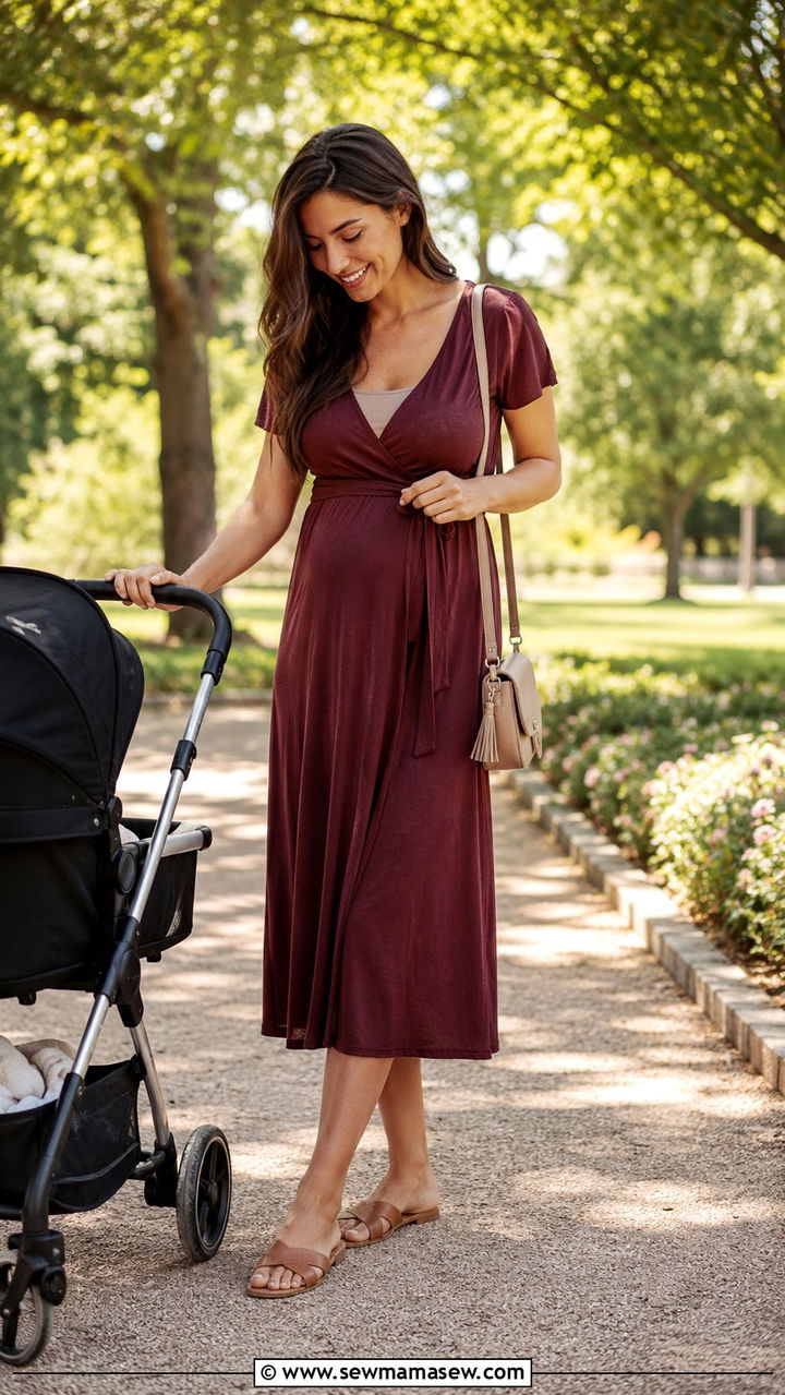 Wrap Midi Dress with a Nursing Bra and Flat Slide Sandals - 20 Postpartum outfit ideas still looks pregnant